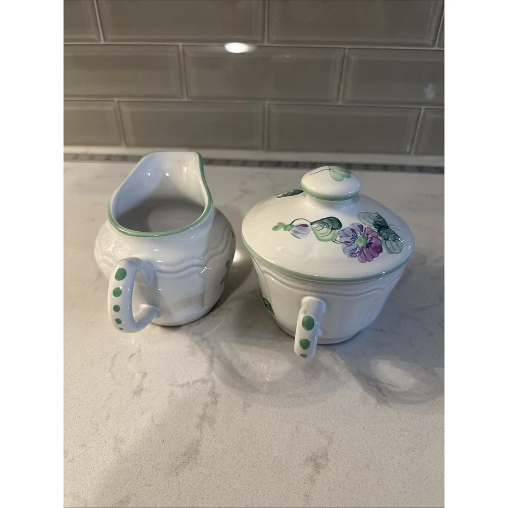 Herend Village Pottery Made In Hungary VIOLETS Pattern Sugar & Creamer Set‎